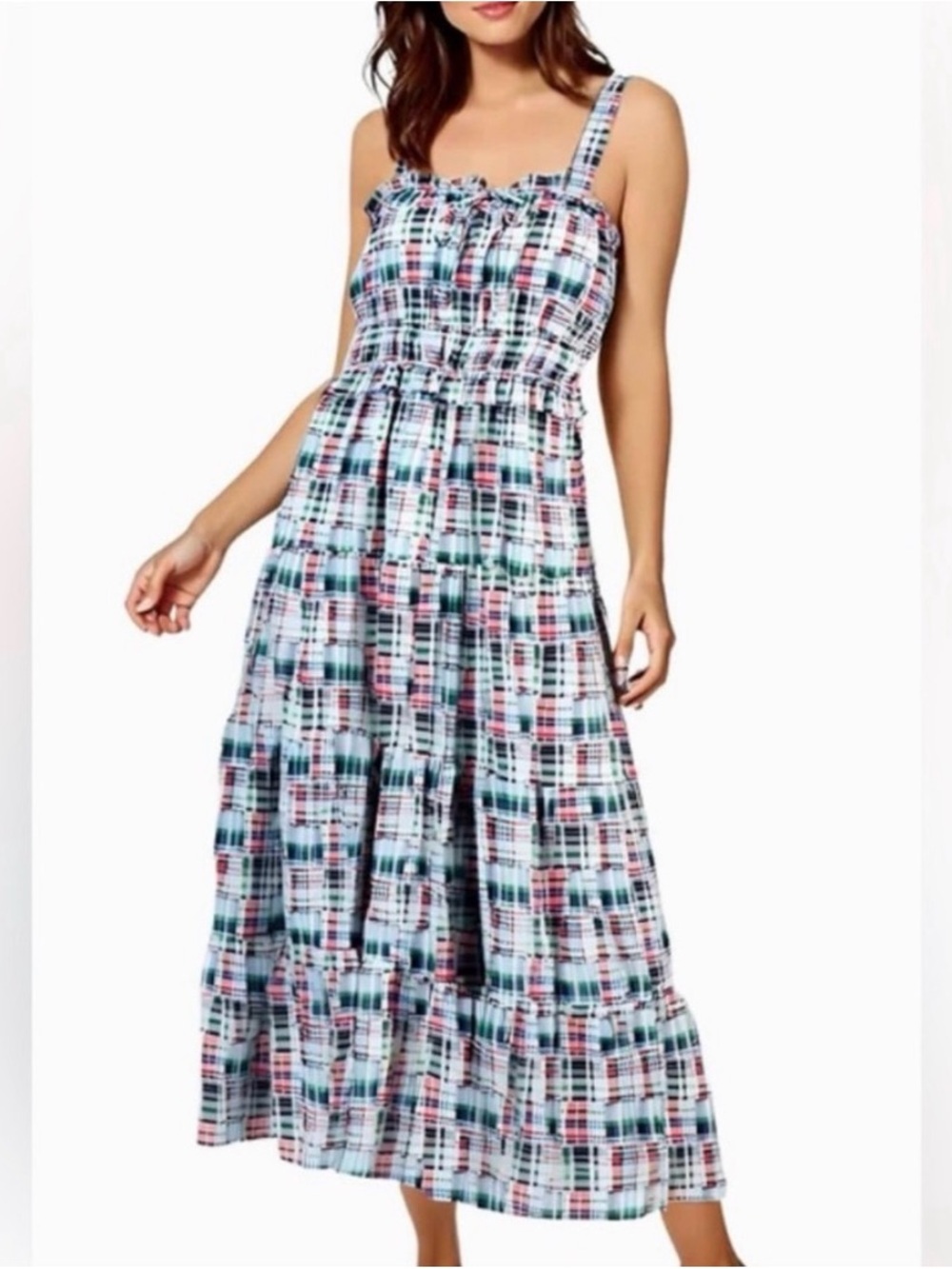 Nautica Plaid Maxi Sundress in White, Pink and Teal